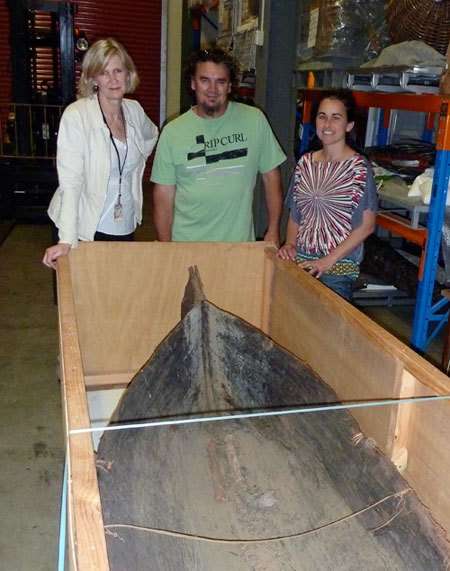 Daina, Steve and Rachel with the Gamedi Bark Canoe from the ANMM collection