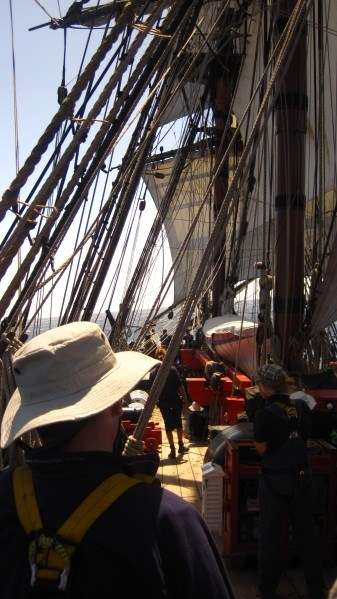 The voyage crew, watching as the Endeavour sails for the first time since their departure.