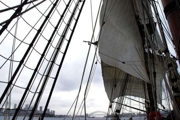 Photograph of sails unfurled on board HMB Endeavour