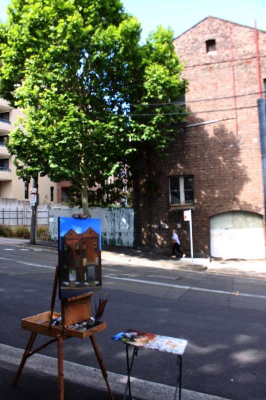 Photo of painting easel in front of The Bond Store, Pyrmont