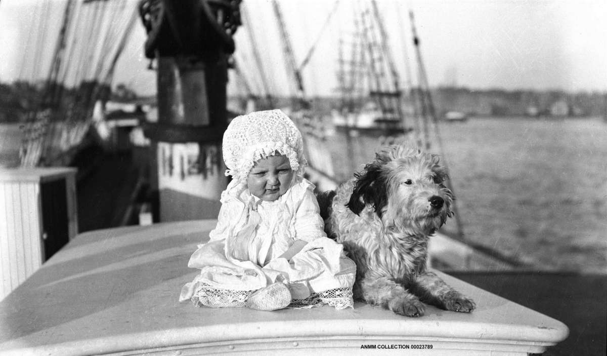Baby and a dog on a sailing ship, c 1910. By Samuel Hood, ANMM Collection 00023789