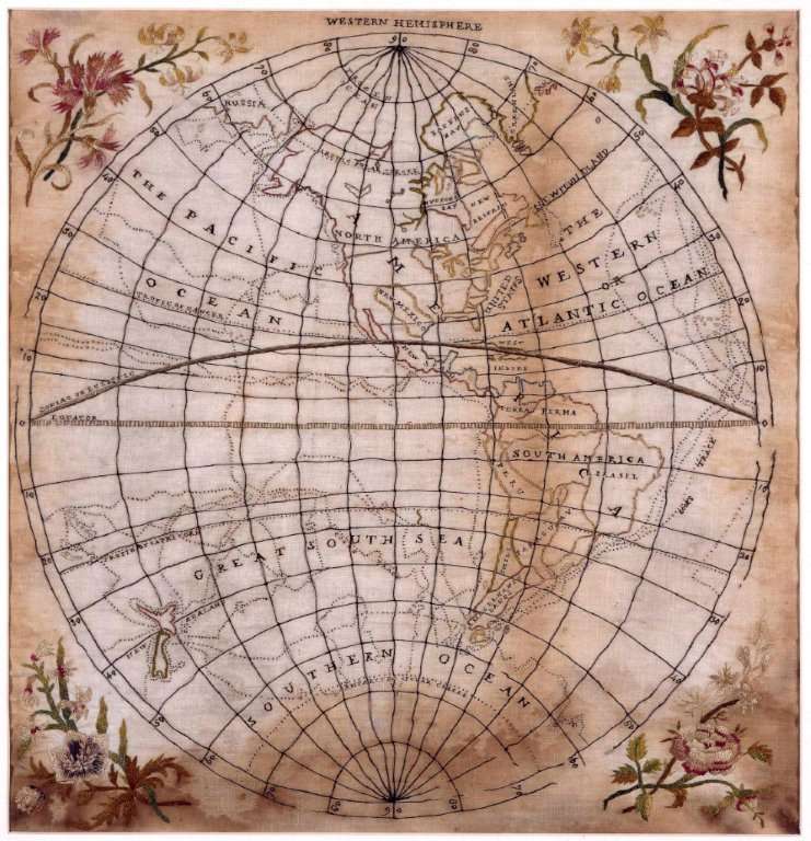 Embroided map This embroidered map in the Australian National Maritime Museum collection is attributed to Elizabeth Cook and depicts the western hemisphere and route of Cook