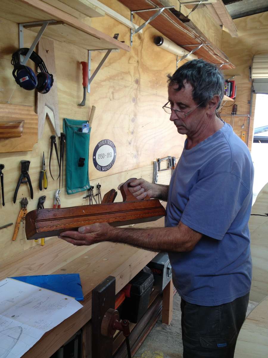 Bob McLeod in the shed he built specifically for the project to build the replica MYRA TOO. Photo by Penny Hyde 2013