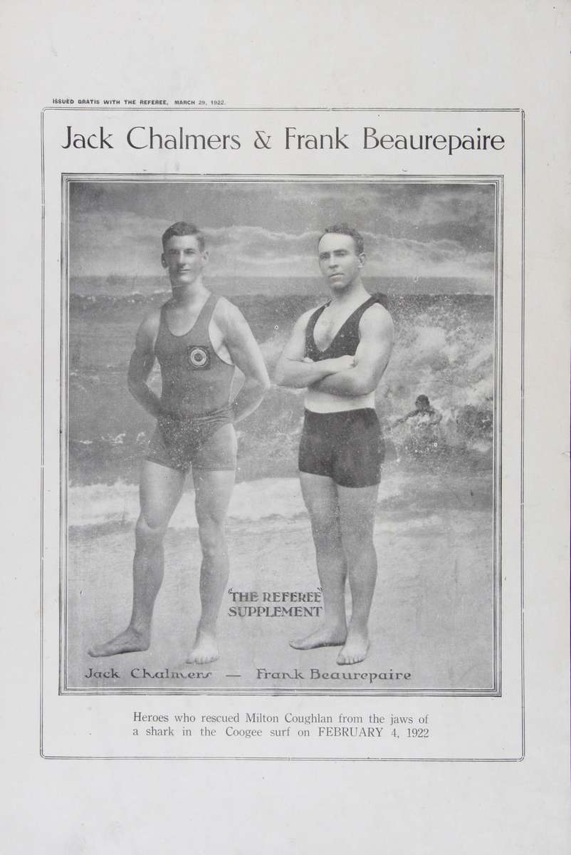 Souvenir supplement to the Referee, 29 March 1922 depicting a black and white photograph of Jack Chalmers and Frank Beaurepaire posing against a backdrop of a surf beach. ANMM Collection 00039777