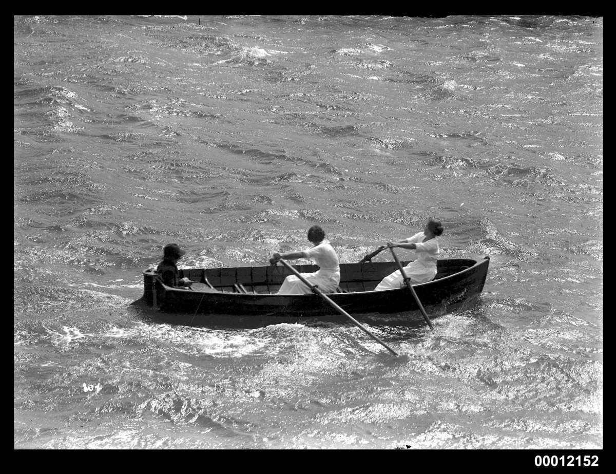 Mrs J Wilson and Miss Hastie winning the Ladies Double Sculls at the Pittwater Regatta ANMM Collection 00012152