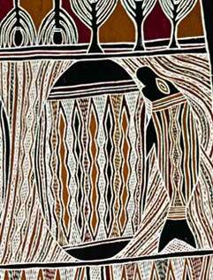 Detail from Yathikpa II artist Bakulanay Marawili 1998 ANMM Collection. Purchased with the assistance of Stephen Grant of the GrantPirrie Gallery. Here we see a dugong and the sacred rock Marrtjala.