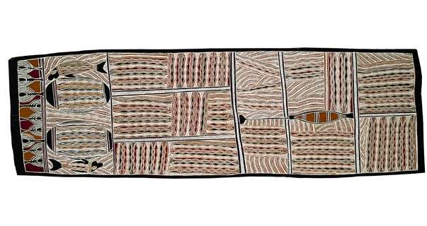 Yathikpa II artist Bakulanay Marawili 1998 ANMM Collection Purchased with the assistance of Stephen Grant of the GrantPirrie Gallery. In this painting Bakulanay has shown the sacred saltwater of Yathikpa, where the Yolŋu people of north-east Arnhem Land first received fire from Bäru the Crocodile Ancestor.