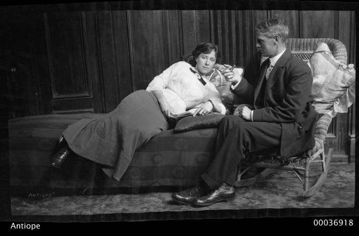 Gertrude Mathieson and Captain Mathieson posing on board ANTIOPE, 1906-1916 Photographer: Samuel J Hood Studio ANMM Collection