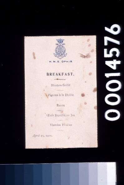 HMS Ophir breakfast menu from the royal tour, 11 April 1901