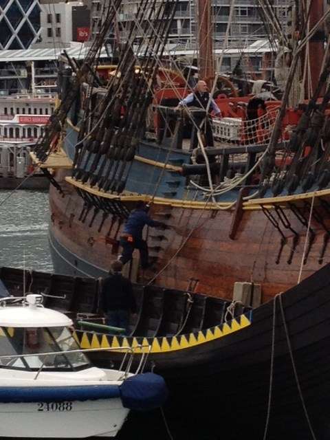 A Viking boarding party? The Jorgen Jorgenson alongside HMB Endeavour