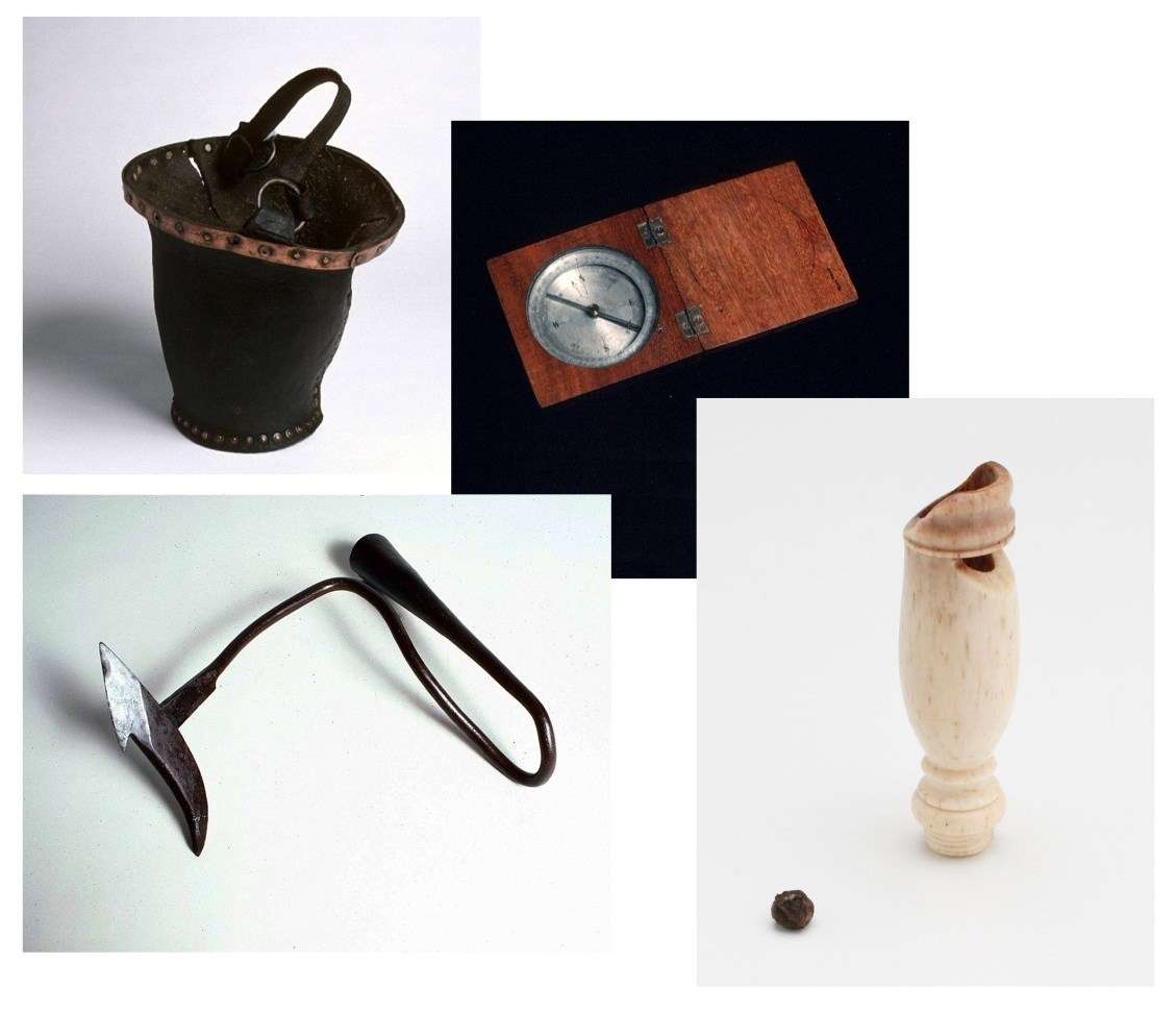 ANMM Collection on loan clockwise from left; copper riveted rawhide bailing bucket, pocket compass, scrimshaw whistle and whaling harpoon