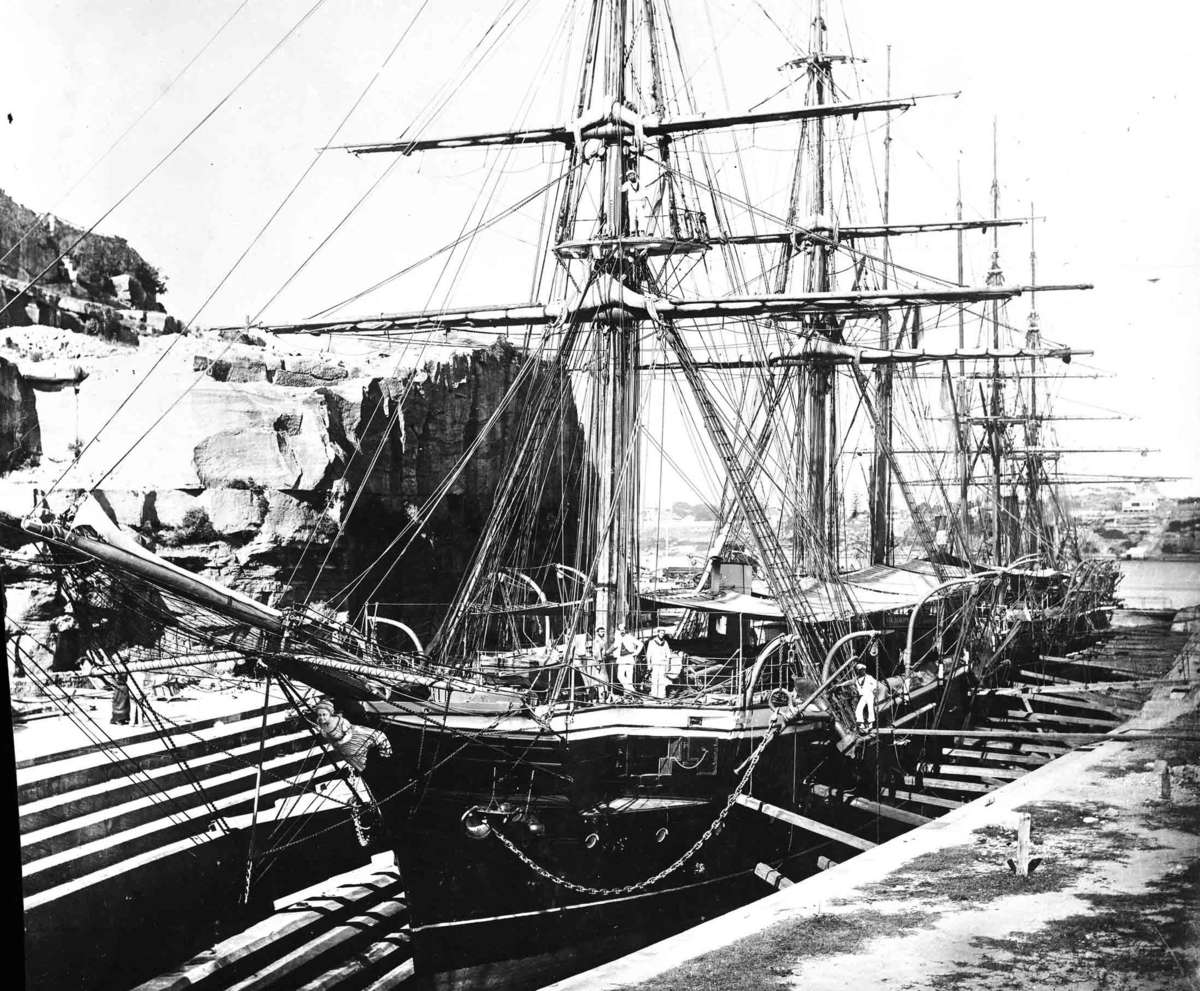 Photograph of a photograph of HMS Galatea in Cockatoo Island dry dock, Sydney in 1870 Samuel J Hood Studio ANMM Collection