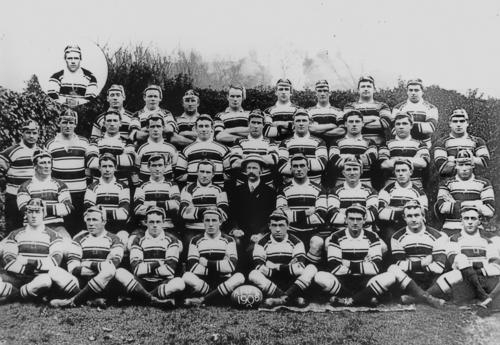 1908-09 Kangaroos Rugby League Tour of England with J.J. Giltinan seen centre. State Library of QLD item 89-11-25; 7195