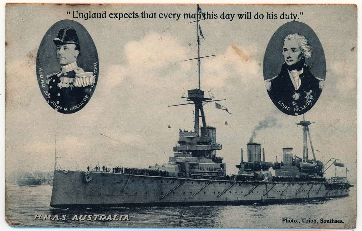 Postcard showing HMAS Australia departing Portsmouth for Australia, this postcard was produced during World War I as a means of rallying patriotic pride for the British Commonwealth. ANMM Collection
