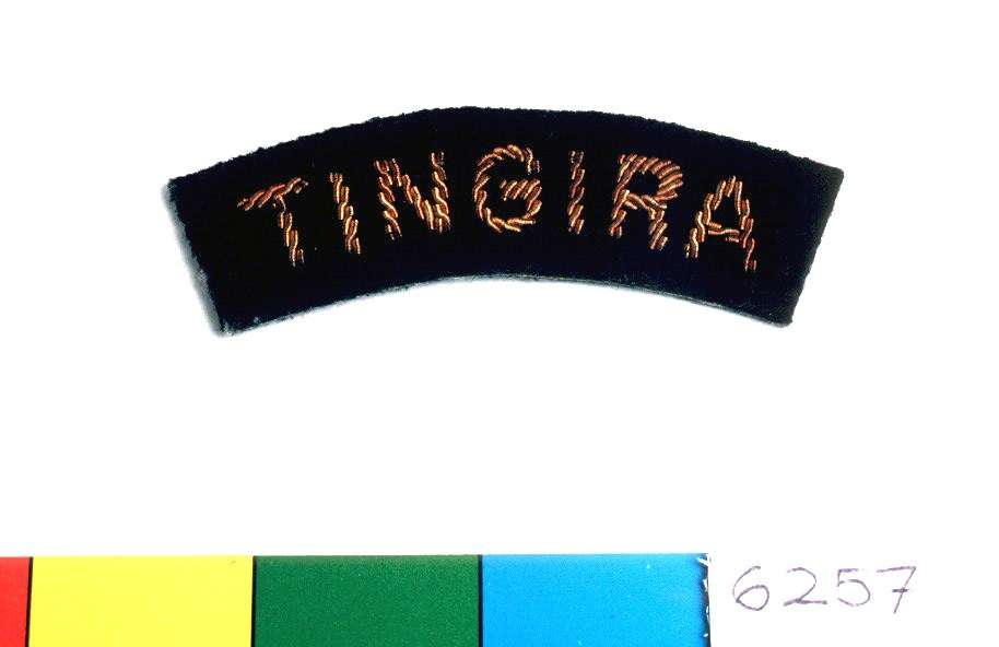 One of two TINGIRA shoulder flashes. Possibly ex HMAS LEEUWIN, where TINGIRA flashes were worn by new cadets. c 1914 ANMM Collection Gift from R M Nicholls