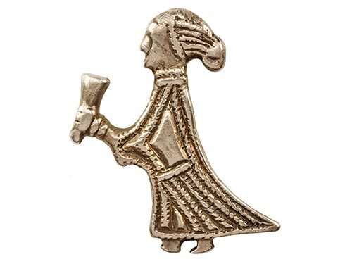 A silver mount attached to clothing or pendants in the form of a Valkyrie from Klinta, Köping in Öland, Sweden.  Currently at ANMM.