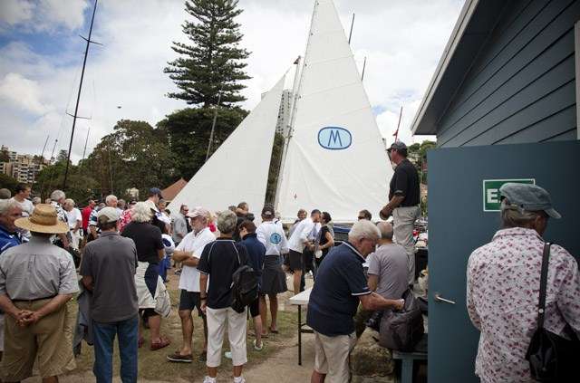 The crowd gathers before the launch of MYRA TOO at the 18-Footers Club, Double Bay. Photo by ANMM photographer Zoe McMahon