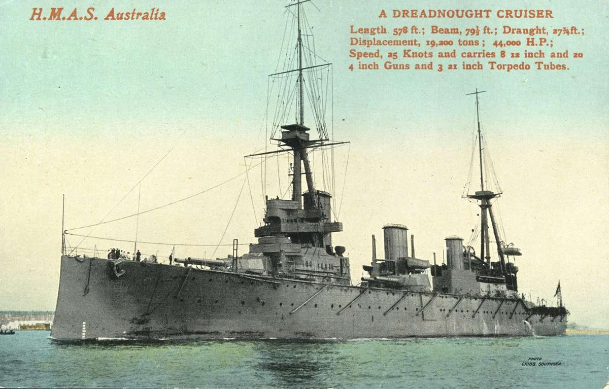 Postcard showing HMAS Australia and the vessel