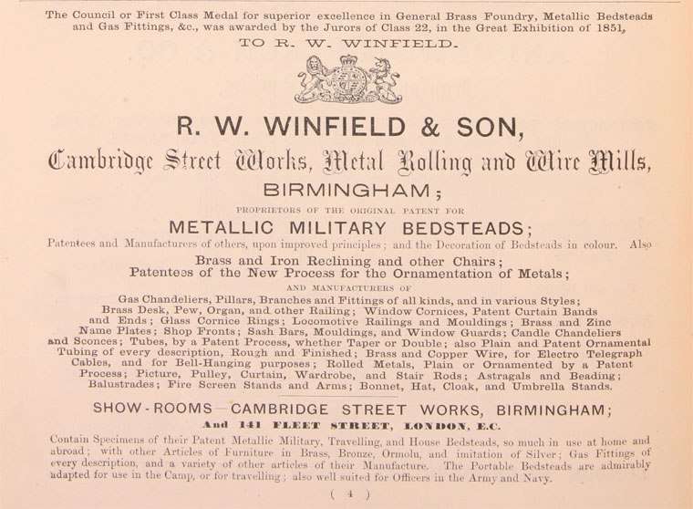 An advertisement for R.W.Winfield showing their extensive range and 1851 Council Award.