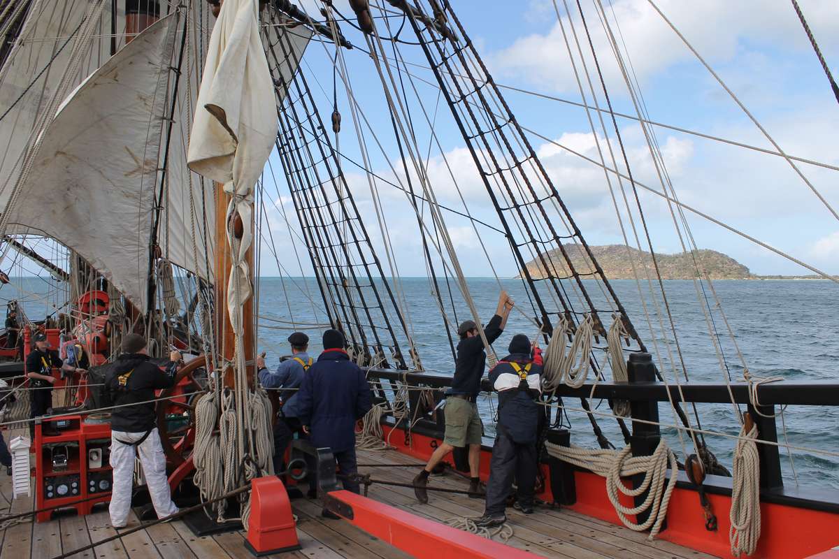 Crew set sail as HMB Endeavour sails out of Broken Bay. Photo by Suzannah Marshall Macbeth.