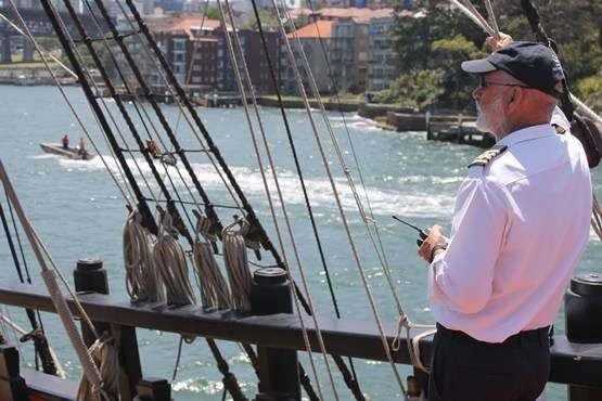 Captain Dikkenberg brings Endeavour into Sydney Harbour this afternoon. Image: EAP.