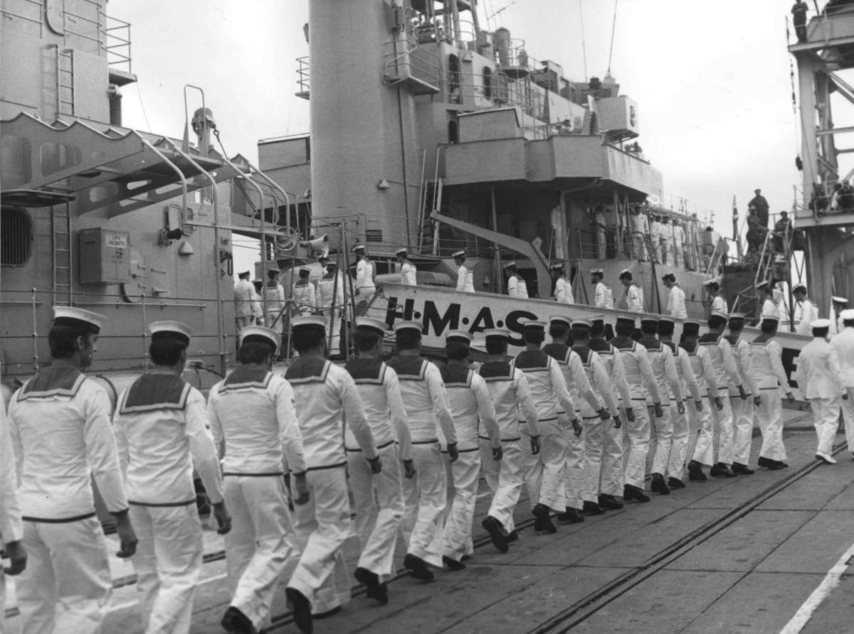 HMAS Vampire’s crew boarding at Williamstown after refit, 1971. Image Sea Power Centre – Australia