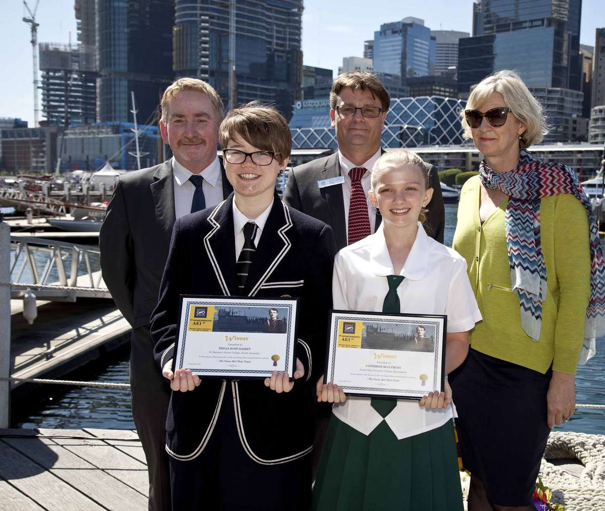 Student speech competition winners Emelia Rose Haskey and Catherine McClymont with ANMM Director Kevin Sumption (centre back) and judges Jeff Fletcher and Daina Fletcher.