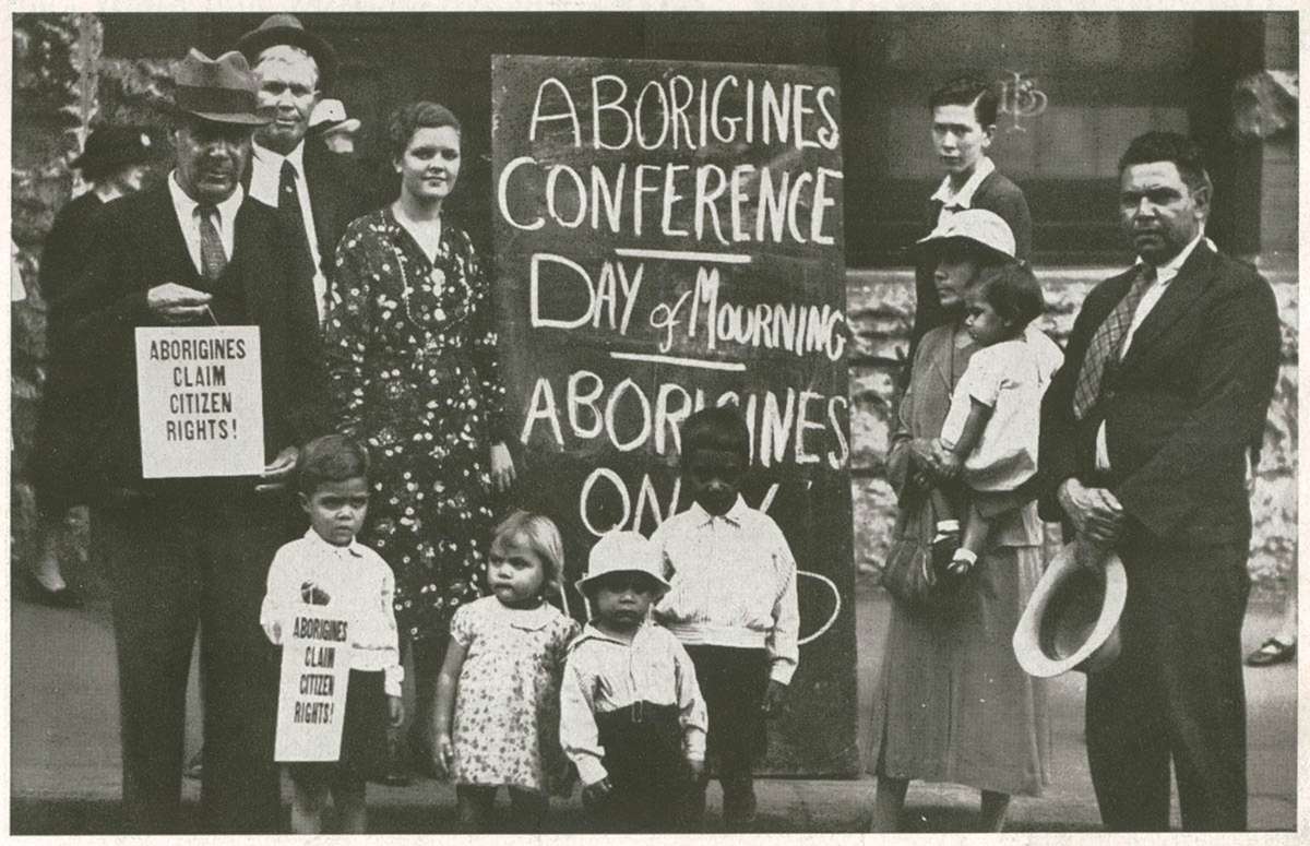 Day of Mourning protesters outside the Australia Hall, 26 January 1938. Mitchell Library, State Library of New South Wales