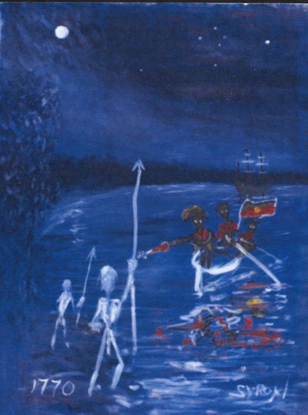 This 2013 painting by Indigenous artist Gordon Syron, titled ‘Black bastards are coming’, reimagines the first arrival of Europeans on the east coast of Australia by juxtaposing Aboriginal warriors with British military. This role reversal has been a common thread in Indigenous art and other cultural production – asking the question ‘how would you feel if it was you who were invaded?’. ANMM Collection