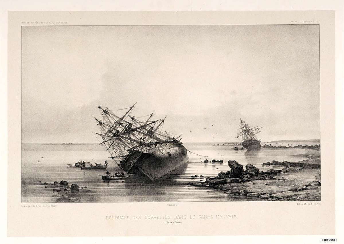 Astrolabe and Zelee both anchored on a tilt along the Warrior Reef in Torres Strait. ANMM collection 00008309.