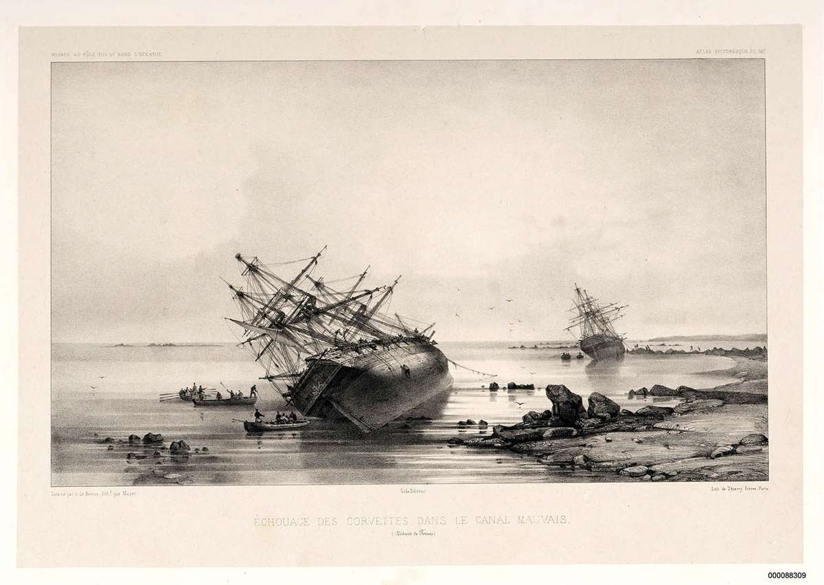 Astrolabe and Zelee both anchored on a tilt along the Warrior Reef in Torres Strait. ANMM collection 00008309. 