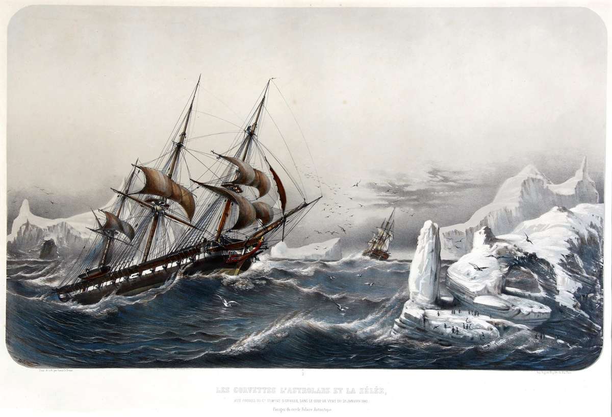 Astrolabe and Zelee in a gale, in the Antarctic Circle in January 1840. ANMM collection 00032388.