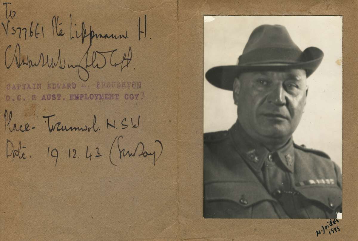Photograph of Captain ‘Tip’ Broughton addressed to Private Heinz Lippmann, Tocumwal, New South Wales. 19 December, 1943. These were sent to each enlistee at the time of their discharge from the 8th AEC. ANMM Collection ANMS0221[005].