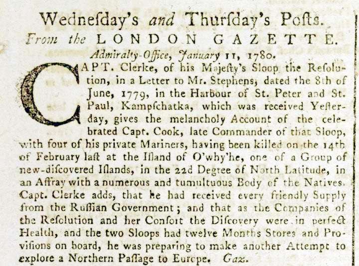 Death announcement of Captain Cook in the London Gazette, 18 January, 1780 (source – British Library)