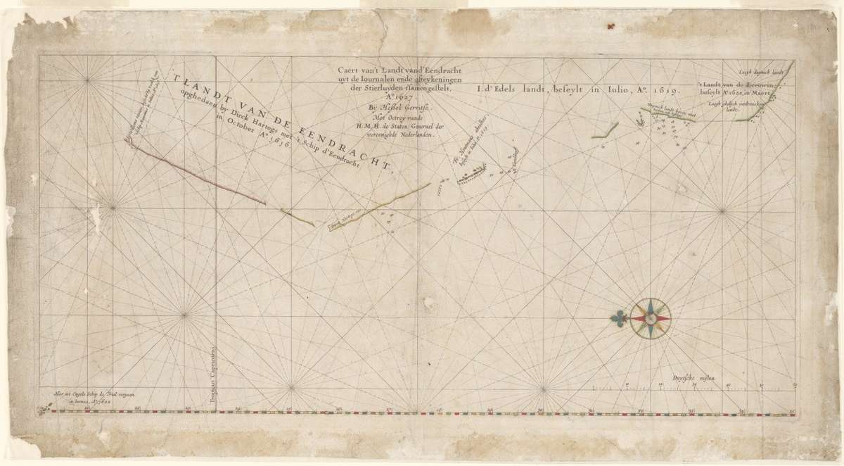 Hessel Gerritsz, Caert van’t Landt van d’Eendracht uyt de Iournalen ende afteykeningen der Stierluyden t’samengestelt [Chart of the Land of the Eendracht], 1627. Reproduced courtesy National Library of Australia