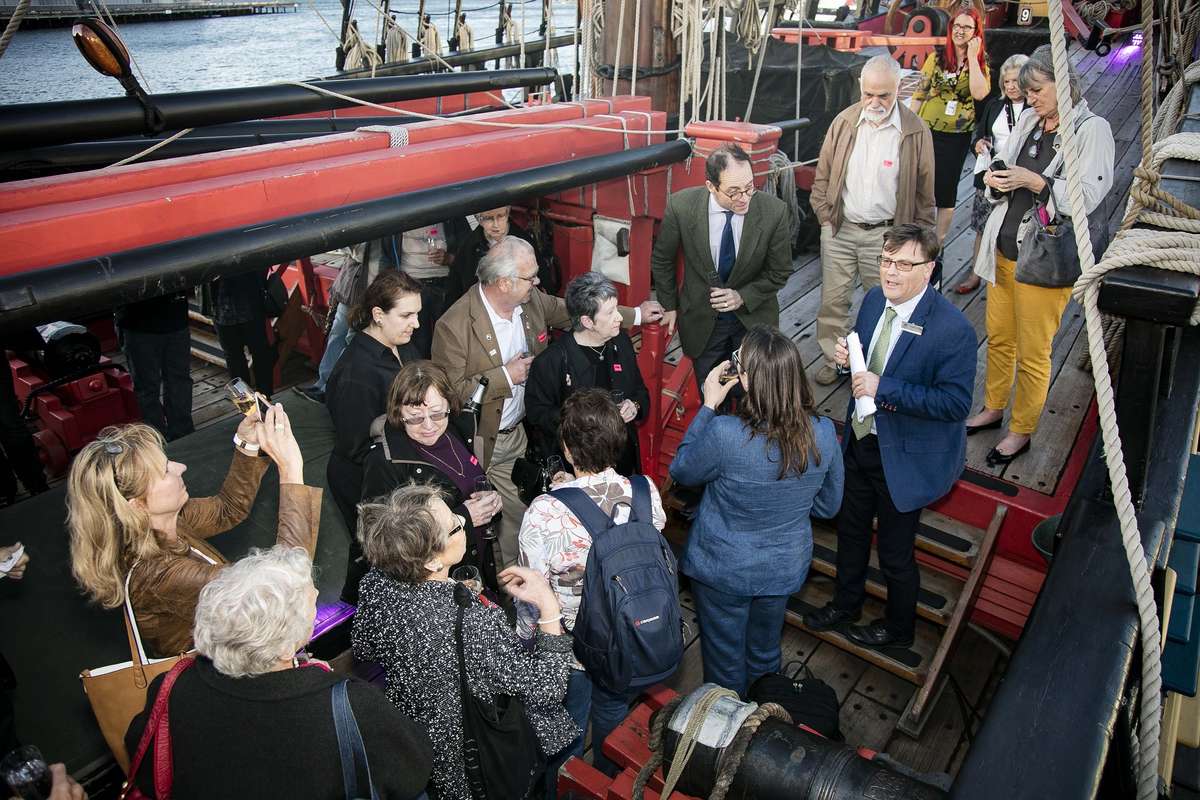 ANMM director Kevin Sumption and Dutch Consul-General Willem Cosijn with guests on board HMB Endeavour, 2016. Photographer Andrew Frolows/ANMM