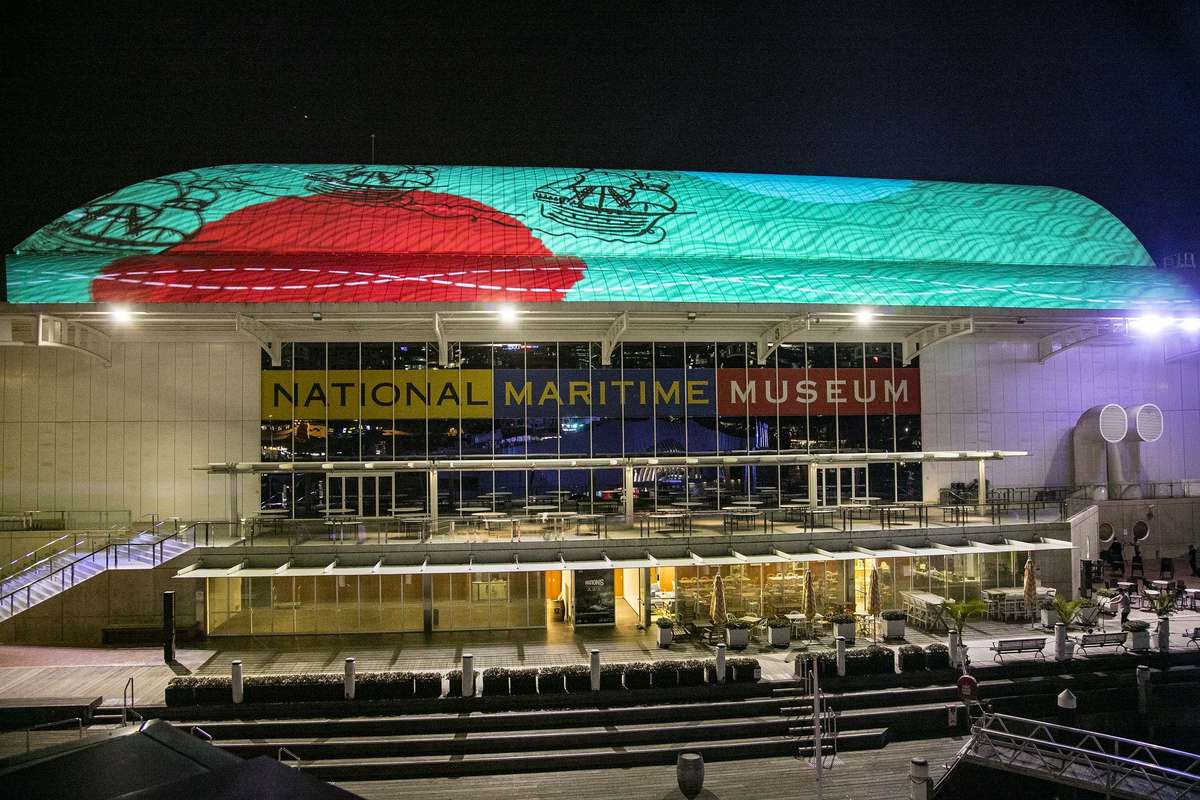 Fusing hand-drawn animation and digital technology in A chance encounter roof projection, 2016. Photographer Andrew Frolows/ANMM