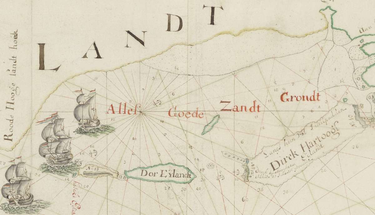Victor Victorsz, Detail of Willem de Vlamingh’s expedition to the South Land, 1697. The inscription