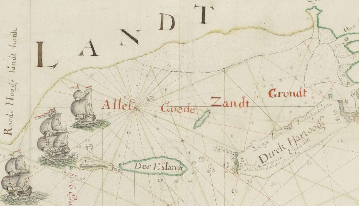 Victor Victorsz, Detail of Willem de Vlamingh’s expedition to the South Land, 1697. The inscription 