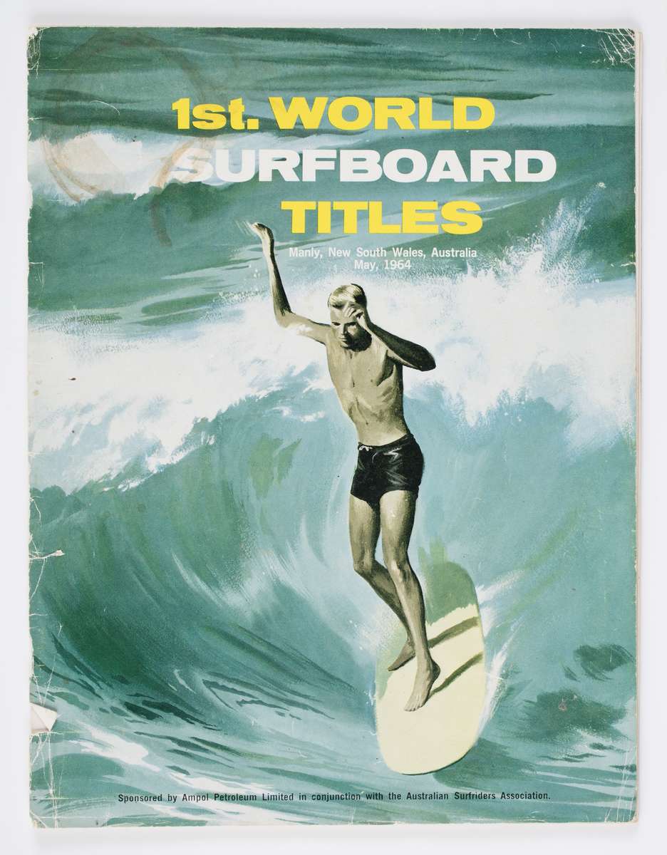 1st World Surfboard titles, Manly 1964, program. Program gift from Bev Farrelly and family in memory of Bernard ‘Midget’ Farrelly. ANMM Collection 00054956.