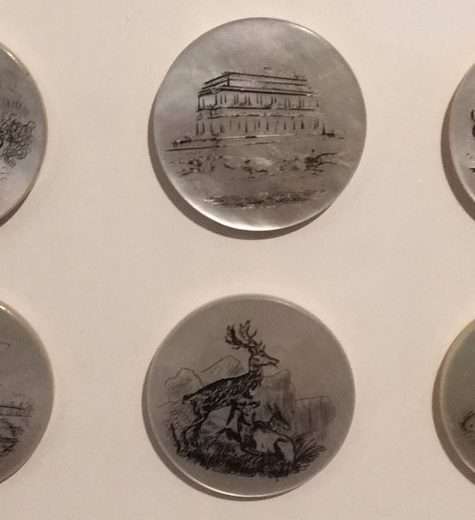 Some of the many pearlshell buttons on display in the Lustre exhibition. These are English