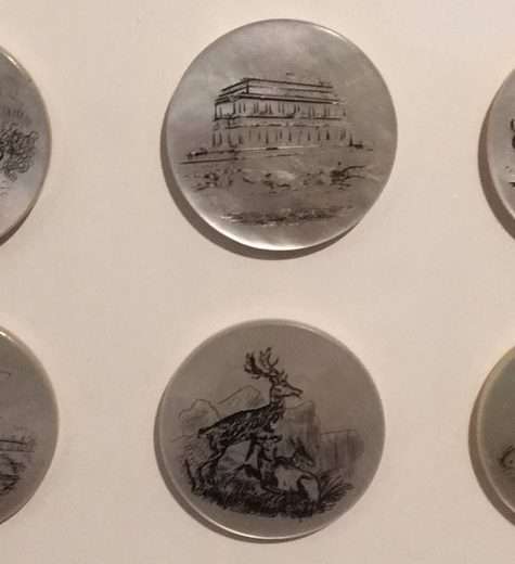 Some of the many pearlshell buttons on display in the Lustre exhibition. These are English 