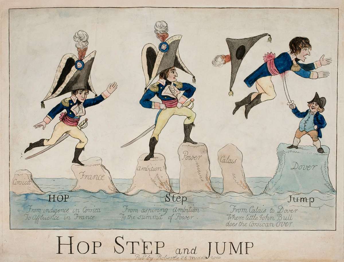 Caricature, Hop, Step and Jump (1804), hand-coloured etching by Piercy Roberts. A diminutive Napoleon traverses the seas from Corsica to Dover in three stages via a series of rocks marked Corsica, France, Ambition, Power, Calais and Dover. At the last, John Bull, symbolising England, holds a sword upon which Napoleon is impaled as he falls. ANMM Collection 00054712.