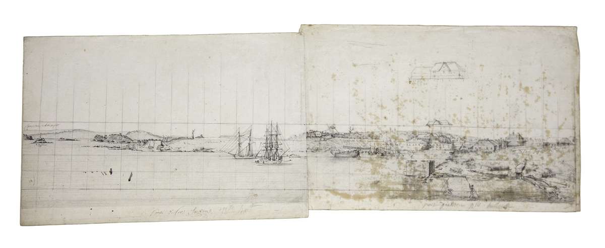 Lesueur’s panoramic drawing of Sydney Cove, looking east from the Dawes Point Battery. Museum d’histoire naturelle, Le Havre.