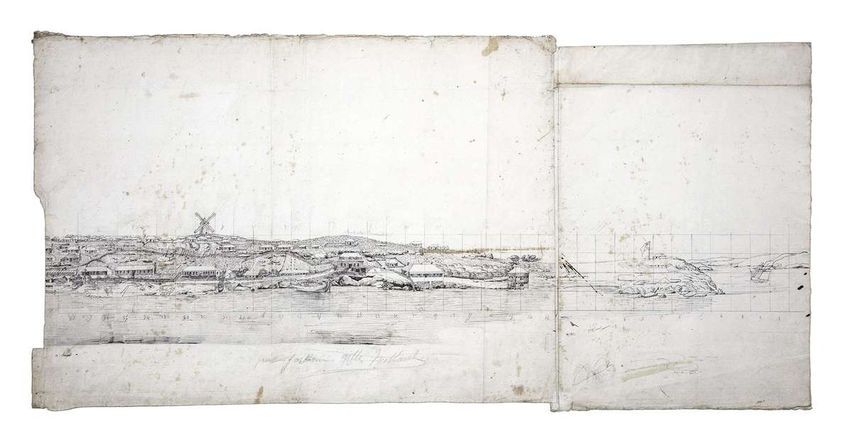 Lesueur’s panoramic drawing of Sydney Cove, looking west from where the Sydney Opera House stands today. Museum d’histoire naturelle, Le Havre.