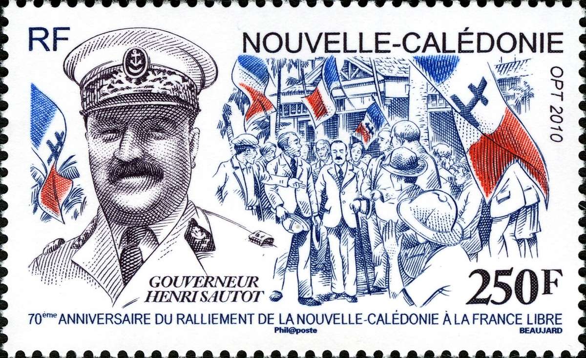 The seventieth anniversary of Henri Sautot’s declaration that New Caledonia would henceforth fall under Free French rather than Vichy rule was celebrated by this 2010 stamp. Image: L