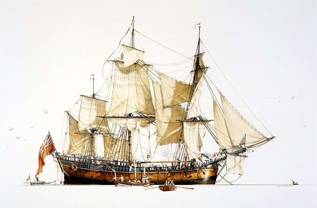This watercolour of the HMB <em>Endeavour</em> replica, by marine artist Ross Shardlow, was gifted to the museum by the Endeavour Replica Foundation. It was commissioned to commemorate the completion of the replica, which is now an iconic feature of the museum