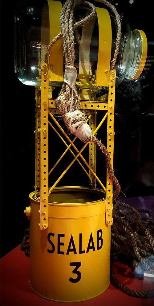 Cameron built a bathysphere (he called it <em>Sealab 3</em>) using an Erector Set, a jar and a tin can. <em>Sealab 3 </em>reconstruction,on display as part of the <em>James Cameron – Challenging the Deep exhibition</em>. Image: Kate Pentecost/ANMM. 