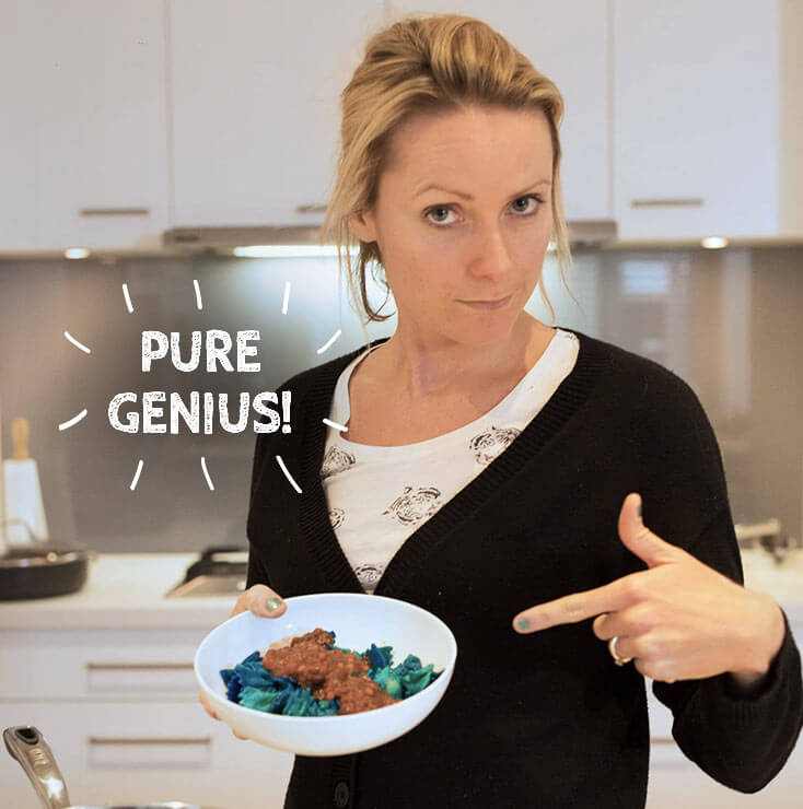 Raco Cookware | Kate Burch comedian holding blue pasta | Pure genius!