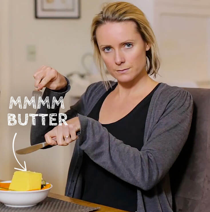 Raco Cookware | Kate Burch comedian eating slab of butter